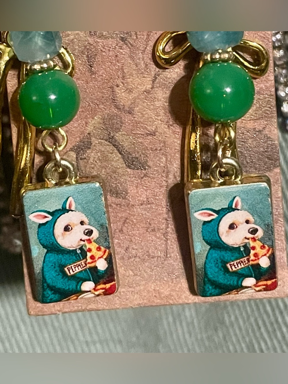 Hand Crafted Gold Bow Earrings with Teal and Green Beads and Dog Charm